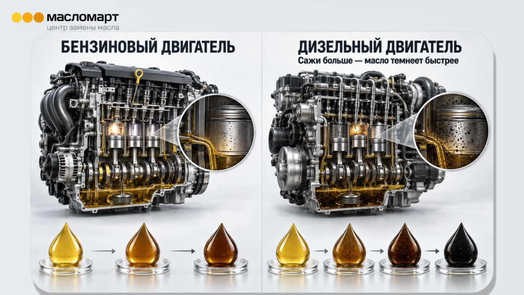 Сравнение потемнения масла в бензиновом и дизельном двигателе.